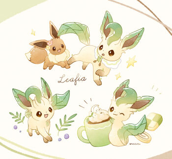 Rule 34 | > o, :3, :d, absurdres, animal focus, animal hands, brown eyes, brown fur, capelet, character name, coffee mug, commentary request, cookie, cup, eevee, food, full body, gen 1 pokemon, gen 4 pokemon, green fur, highres, leaf, leafeon, looking at another, looking at viewer, mofucoffee, mug, multiple views, nintendo, no humans, one eye closed, open mouth, pokemon, pokemon (creature), signature, simple background, smile, standing, star (symbol), tail, twitter username, whipped cream, white background, white capelet, yellow fur