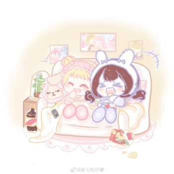 &gt;_&lt; 2girls ^_^ animal_costume animal_ear_hairband animal_ears bag_of_chips blonde_hair blush bottle bow bow_hairband brown_hair carpet chibi chinese_commentary chips_(food) closed_eyes collared_shirt commentary_request couch double_bun dream-weaving_lamb_(shining_nikki) eating fake_animal_ears fake_horns food hair_bun hair_spread_out hairband hand_on_own_chin happy highres holding holding_food horn_hairband horns indoors laughing light_particles living_room loen_(shining_nikki) long_hair long_sleeves low_twintails momo_(nikki) multiple_girls nikki_(nikki) nikki_(series) on_couch open_mouth pajamas paw_shoes pink_hairband pink_shirt pink_shoes plant potato_chips potted_plant purple_bow purple_shoes rabbit_costume rabbit_ear_hairband rabbit_ears sheep_ears sheep_horns shining_nikki shirt shoes short_hair sitting sleepy_bunny_(shining_nikki) sleeve_cuffs smile soda soda_bottle stuffed_animal stuffed_sheep stuffed_toy tearing_up teeth twintails under_covers upper_teeth_only watermark weibo_watermark white_background white_hairband xiaoyu_qixing yexiao_(shining_nikki)