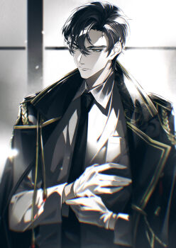 1boy adjusting_clothes adjusting_gloves black_coat black_hair black_necktie blurry chromatic_aberration closed_mouth coat coat_on_shoulders coldiron collared_shirt epaulettes feng_qi_chang&#039;an:yu_gu_ren formal_clothes gloves hair_between_eyes highres jin_qi long_sleeves looking_at_viewer male_focus military military_uniform necktie shirt short_hair solo standing suit upper_body white_gloves white_shirt window yellow_eyes