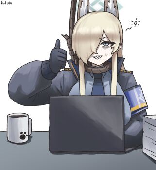 1girl absurdres animal_ear_fluff animal_ears armband blonde_hair blue_archive blue_eyes blue_halo blue_jacket blue_shirt breasts computer cup dog_ears extra_ears hair_over_one_eye halo highres jacket kai_xin kanna_(blue_archive) laptop large_breasts long_hair long_sidelocks noose paper_stack photo-referenced purple_armband rectangular_halo sharp_teeth shirt sidelocks smile solo teeth thumbs_up