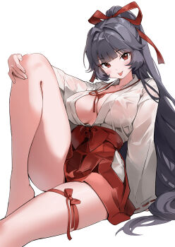 Rule 34 | 1girl, absurdres, black hair, blush, bow, breasts, cleavage, commentary, commission, english commentary, hair bow, hakama, hakama short skirt, hakama skirt, highres, japanese clothes, koy (4767269), large breasts, leg up, long hair, looking at viewer, no bra, nontraditional miko, original, red bow, red eyes, red hakama, red skirt, ribbon-trimmed sleeves, ribbon trim, simple background, sitting, skirt, smile, solo, tongue, tongue out, white background, wide sleeves