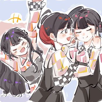 Rule 34 | +++, 3girls, :d, animification, arms up, black dress, black hair, blue background, braid, checkered clothes, checkered dress, cheek poking, closed eyes, closed mouth, commentary, double bun, dress, hair bun, hashtag-only commentary, highres, let's be one (love live!), long hair, long sleeves, looking at another, love live!, love live! series asia tour 2024, love live! superstar!!, misaki nako, moben, multiple girls, official alternate costume, open mouth, pink dress, poking, real life, short hair, side braids, sideways mouth, single side bun, smile, split mouth, u u, v-shaped eyebrows, voice actor, yabushima akane, yuina (voice actor)