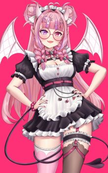 Rule 34 | 1girl, altean, alternate costume, apron, black dress, black nails, black thighhighs, blush, commentary, demon girl, demon horns, demon tail, double bun, dress, english commentary, fang, glasses, hair bun, heterochromia, highres, horns, ironmouse, long hair, looking at viewer, maid, maid apron, nail polish, open mouth, pink hair, pink nails, pink theme, pointy ears, purple eyes, purple streaks, red-framed eyewear, red eyes, skin fang, smile, solo, tail, thighhighs, very long hair, virtual youtuber, vshojo, zettai ryouiki