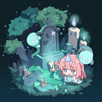 1girl :d absurdres blue_eyes blush_stickers bocchi_the_rock! brown_shoes candle chibi chibi_only cube_hair_ornament full_body ghost gotoh_hitori graveyard hair_ornament happy_halloween highres hitodama long_hair long_sleeves one_side_up open_mouth pink_hair shirt shoes smile solo sweat tianqiyubao_euc tombstone white_shirt wide_sleeves