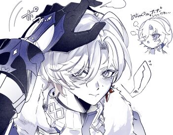 2boys ahoge black_gloves blush chibi coat commentary_request earrings eyes_visible_through_hair flins_(genshin_impact) fur-trimmed_coat fur_trim genshin_impact gloves greyscale hair_between_eyes hair_over_one_eye headpat highres illuga_(genshin_impact) jewelry monochrome multiple_boys single_earring speech_bubble sweatdrop sweater turtleneck turtleneck_sweater white_background wooosukida