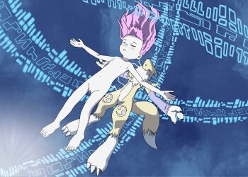 1girl 1other absurdres armpits barefoot biomerge blunt_bangs collarbone completely_nude digimon digimon_tamers dubidu123 energy expressionless feet female_focus flat_chest floating floating_hair full_body fusion groin hair_down henshin highres legs light_blush loli long_hair makino_ruki matrix_evolution navel neck nipples nude official_alternate_hairstyle orange_hair outstretched_arms parted_lips pussy renamon sidelocks small_nipples thighs toenails toes transformation truth