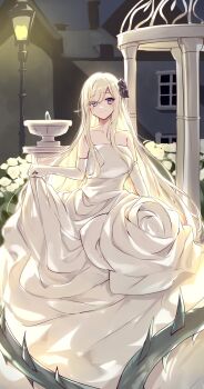 Rule 34 | 1girl, absurdres, black eyes, black flower, black rose, blonde hair, closed mouth, collarbone, dress, duel monster, elbow gloves, flower, garden rose maiden, gloves, hair flower, hair ornament, highres, kanzakietc, lamppost, long hair, looking at viewer, plant, rose, skirt hold, smile, solo, strapless, strapless dress, thorns, very long hair, vines, white dress, white gloves, yu-gi-oh!