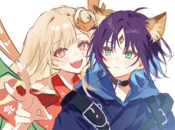 2girls :d animal_ears black_choker blonde_hair blue_hoodie choker chou_kaguya-hime! closed_mouth crescent crescent_hair_ornament forehead_jewel green_eyes hair_ornament hashtag-only_commentary highres hood hood_down hoodie japanese_clothes kaguya_(chou_kaguya-hime!) kanon_25ji kimono light_frown long_hair looking_at_another looking_at_viewer lop_rabbit_ears multiple_girls open_mouth parted_bangs purple_hair rabbit_ears red_kimono sakayori_iroha short_hair simple_background smile sweatdrop upper_body v white_background