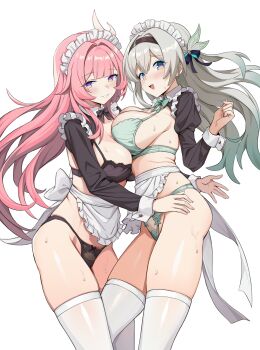 2girls :d absurdres alternate_costume black_bra black_hairband black_panties blue_eyes bra breasts cleavage commentary_request cyrene_(demiurge)_(honkai:_star_rail) cyrene_(honkai:_star_rail) enmaided firefly_(honkai:_star_rail) green_bra green_panties grey_hair hairband highres honkai:_star_rail honkai_(series) large_breasts long_hair long_sleeves looking_at_viewer maid maid_headdress multiple_girls open_mouth panties pink_hair puffy_long_sleeves puffy_sleeves purple_eyes simple_background smile thighhighs thighs underwear white_background white_thighhighs ziko