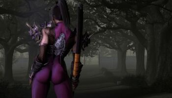 1girl 3d animated animated_gif armor ass back black_hair bodysuit forest long_hair nature night ninja noname55 ponytail soul_calibur soulcalibur soulcalibur_iv source_filmmaker_(medium) spandex taki_(soulcalibur) weapon wind