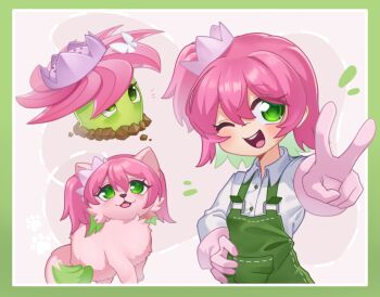 1girl :3 ;d animal animalization breasts bug butterfly buttons cat chinese_commentary collared_shirt colored_inner_hair commentary_request crown deformed double-parted_bangs foreshortening gardener_grass_(plants_vs._zombies) gloves green_eyes green_hair green_overalls grey_background hair_between_eyes hand_on_own_hip hat hat_tip insect long_sleeves looking_up mini_crown multicolored_hair multiple_persona no_mouth notice_lines one_eye_closed one_side_up open_mouth overalls personification pink_cat pink_gloves pink_hair pink_hat plants_vs._zombies plants_vs._zombies_2 plants_vs._zombies_2_(chinese) round_teeth shirt short_hair simple_background small_breasts smile teeth tongue two-tone_hair upper_body upper_teeth_only v veghia white_butterfly white_shirt