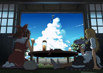 Rule 34 | 3girls, barley tea, blonde hair, blue sky, bow, brown hair, chabudai, cloud, commentary request, cushion, from behind, hair bow, hakurei reimu, hand fan, hat, incense burner, indoors, inuno rakugaki, kayari buta, kirisame marisa, long hair, medium hair, mini person, minigirl, mosquito coil, multiple girls, needle, paper fan, ponytail, red bow, red skirt, red vest, sarashi, seiza, shouji, sitting, skirt, sky, sleeveless, sliding doors, socks, sukuna shinmyoumaru, summer, table, tatami, touhou, unworn hat, unworn headwear, vest, wind chime, witch, witch hat, zabuton