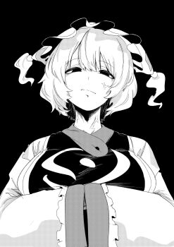 Rule 34 | 1girl, animal ear headwear, arms under breasts, black background, breasts, commentary request, dress, empty eyes, fake animal ears, frilled hat, frilled sleeves, frills, frown, greyscale, hands in opposite sleeves, hat, hat tassel, highres, large breasts, looking at viewer, looking down, monochrome, motutigire, short hair, solo, straight-on, tabard, touhou, upper body, veins, veiny face, yakumo ran