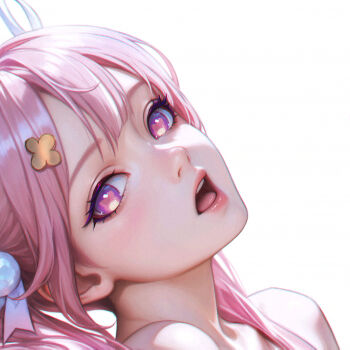 1girl chromatic_aberration commentary_request hair_ornament head_back honkai_(series) honkai_impact_3rd looking_at_viewer looking_to_the_side medium_hair open_mouth pink_hair portrait purple_eyes simple_background solo symbol-shaped_pupils white_background wo_jiushi_kanbudong youyun