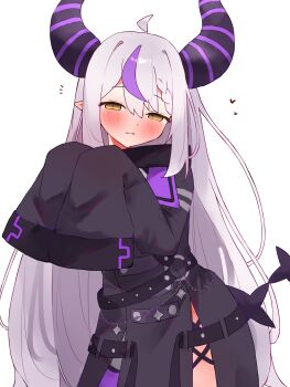 1girl absurdres ahoge blush closed_mouth coat commentary_request demon_girl demon_horns demon_tail grey_hair highres hololive horns la+_darknesss la+_darknesss_(1st_costume) long_hair multicolored_hair pointy_ears purple_coat purple_streaks purple_thighhighs sidelocks single_thighhigh sleeves_past_fingers sleeves_past_wrists solo streaked_hair tail tepenchi thighhighs very_long_hair virtual_youtuber white_background yellow_eyes