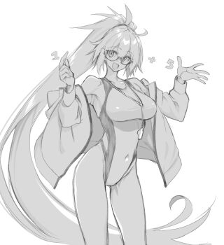 10mo 1girl bare_shoulders breasts cleavage commentary_request covered_navel fate/grand_order fate_(series) greyscale high_ponytail highleg highleg_one-piece_swimsuit highres jacket jeanne_d'arc_(fate) jeanne_d'arc_(swimsuit_archer)_(second_ascension)_(fate) large_breasts long_hair long_sleeves looking_at_viewer monochrome off_shoulder one-piece_swimsuit open_mouth ponytail smile solo swimsuit thighs very_long_hair