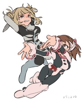 2girls arms_behind_head black_bodysuit blonde_hair blunt_bangs bodysuit boku_no_hero_academia breasts brown_eyes brown_hair clenched_teeth crying dated double_bun fighting_stance floating full_body furrowed_brow hair_bun headset highres holding holding_weapon medium_breasts medium_hair messy_hair multicolored_bodysuit multiple_girls nununanu outstretched_arms superhero_costume tears teeth toga_himiko two-tone_bodysuit uraraka_ochako weapon white_background white_bodysuit
