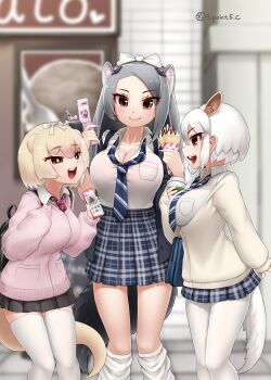 3girls absurdres animal_ears anteater_ears anteater_tail black_hair blonde_hair blush bow bowtie breasts brown_eyes cardigan cellphone cleavage commentary_request extra_ears flip_phone giant_anteater_(kemono_friends) grey_hair gyaru hair_between_eyes hair_bow hair_ornament highres holding holding_phone huge_breasts ice_cream_cone kemono_friends kemono_friends_3 kogal large_breasts long_hair long_sleeves loose_socks multicolored_hair multiple_girls open_mouth pantyhose phone pleated_skirt school_uniform shirt short_hair silky_anteater_(kemono_friends) skirt smile socks southern_tamandua_(kemono_friends) standing tail tamandua_ears tamandua_tail thighhighs waffle_cone white_hair white_shirt yonkuron