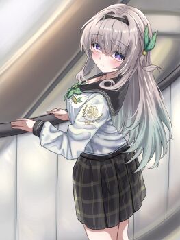 1girl absurdres against_railing black_hairband blush closed_mouth collared_shirt firefly_(honkai:_star_rail) firefly_(spring_missive)_(honkai:_star_rail) gradient_eyes gradient_hair green_pupils grey_hair grey_sailor_collar grey_skirt hair_between_eyes hair_intakes hair_ornament hair_tubes hairband highres honkai:_star_rail honkai_(series) long_hair multicolored_eyes multicolored_hair pleated_skirt railing rn_(rena) sailor_collar shirt skirt smile solo white_shirt