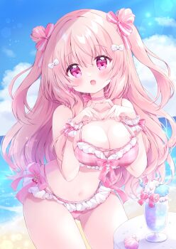 1girl :o absurdres bare_shoulders beach bikini blue_sky blush bow breasts chiika_(cure_cherish) choker cleavage cloud commentary_request cowboy_shot cup day fingernails four-finger_heart_hands frilled_bikini frilled_panties frilled_wrist_cuffs frills hair_between_eyes hair_bow hands_on_own_chest heart heart_hands highres large_breasts long_hair looking_at_viewer nail_polish navel open_mouth original outdoors panties pink_bikini pink_bow pink_choker pink_eyes pink_hair pink_nails pink_panties seashell shell sky solo stomach swimsuit underwear very_long_hair white_bow white_wrist_cuffs wrist_cuffs