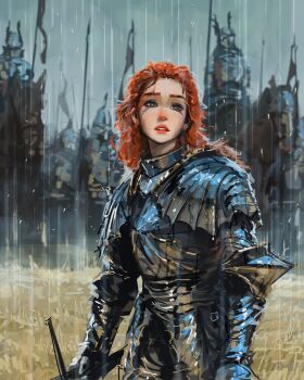 1girl 6+others armor blank_stare blue_eyes crying crying_with_eyes_open curly_hair facepaint facing_viewer flag grass head_tilt helmet highres holding holding_flag holding_weapon multiple_others open_mouth original rain red_hair sam_yang tears weapon