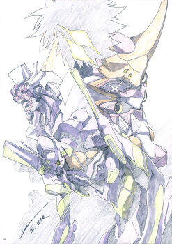 1990s_(style) 1boy absurdres albino alien angry eva_01 eva_02 eva_08 evangelion_(mecha) gojooni highres mecha monster nagisa_kaworu neon_genesis_evangelion official_art promotional_art retro_artstyle robot scan science_fiction screaming signature sketch spiked_hair super_robot teeth tongue traditional_media transformation turning_head white_background white_hair