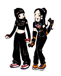 Rule 34 | 2girls, :o, black gloves, black hair, black hat, black pants, black shirt, cargo pants, elbow gloves, fingerless gloves, gloves, hair behind ear, hanni (newjeans), hat, highres, hyein (newjeans), iwashi iwashimo, k-pop, looking to the side, midriff, multiple girls, navel, newjeans, open mouth, orange footwear, pants, ponytail, real life, red gloves, shirt, shoes, simple background, sneakers, white background, white footwear