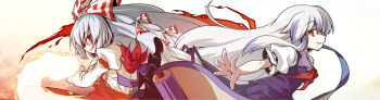 2girls akaneya bad_id bad_pixiv_id blue_hair bow female_focus fire fujiwara_no_mokou hair_bow hat unworn_hat unworn_headwear highres jpeg_artifacts kamishirasawa_keine long_hair long_image looking_back multicolored_hair multiple_girls no_headwear no_headwear outstretched_arm outstretched_arms outstretched_hand profile red_eyes scroll silver_hair smile spread_arms touhou two-tone_hair wide_image