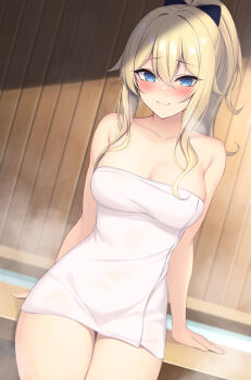 Rule 34 | 1girl, absurdres, arm support, bath, blonde hair, blue eyes, blush, bow, breasts, cleavage, genshin impact, hair bow, hanpenmaru, highres, jean (genshin impact), large breasts, long hair, looking at viewer, naked towel, ofuro, ponytail, smile, steam, towel, water
