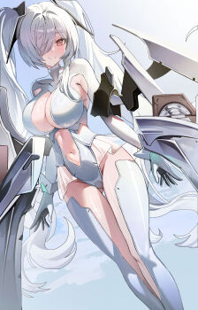 1girl absurdres arms_at_sides blush breasts cinderella_(nikke) closed_mouth clothing_cutout clothing_request feet_out_of_frame gluteal_fold goddess_of_victory:_nikke hair_over_one_eye hallo_(rltkdydrltk) highres large_breasts long_hair navel navel_cutout one_eye_covered red_eyes smile thighs twintails very_long_hair white_hair