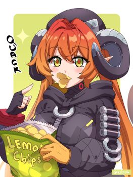 1girl absurdres asymmetrical_gloves blush chips_(food) commentary dragon_girl dress english_commentary english_text food gloves green_eyes hat highres holding holding_food horns kelzero long_hair mechanical_horns mismatched_gloves orange_hair orphie_magnusson pointy_ears solo twintails very_long_hair zenless_zone_zero zipper zipper_dress