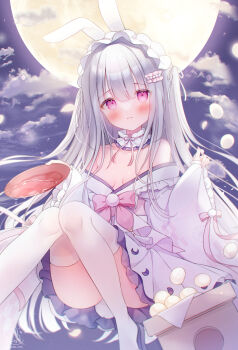 1girl animal_ears bare_shoulders blunt_bangs blush bow box breasts closed_mouth cloud collar collarbone commentary_request dango dot_nose floating food foot_out_of_frame frilled_collar frilled_kimono frilled_sleeves frills full_moon grey_hair hair_bow hair_over_shoulder hair_ribbon hairband hands_up highres holding holding_plate huge_moon japanese_clothes kimono kimono_partially_removed knees_together_feet_apart light_particles long_hair looking_at_viewer maid_headdress moon moon_print night night_sky okobo omochi_monaka original pinching_sleeves pink_bow pink_eyes pink_ribbon plate platform_sandals purple_sky purple_trim rabbit_ears rabbit_girl rabbit_tail ribbon sandals sky sleeve_ribbon small_breasts smile solo tail thighhighs thighs tsukimi tsukimi_dango two_side_up very_long_hair wagashi water_drop wet white_collar white_kimono white_ribbon white_thighhighs wide_sleeves