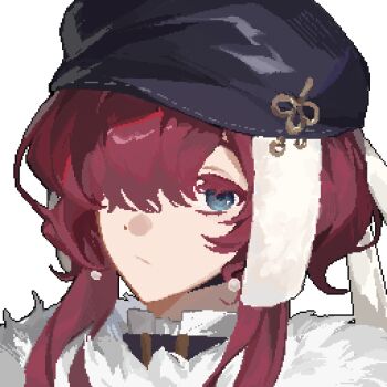 1girl :/ black_hat blue_eyes cape fur-trimmed_cape fur_trim hair_over_one_eye hat long_hair long_sidelocks newsboy_cap niv_cm one_eye_covered pixel_art portrait red_hair reverse:1999 sidelocks solo white_background yenisei_(reverse:1999)