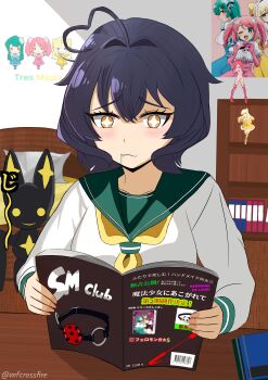 1girl absurdres ahoge bedroom cover dress evil_smile excited figure heart heart_ahoge highres hiiragi_utena long_sleeves magazine_cover magia_baiser magical_girl mahou_shoujo_ni_akogarete mfcrossfire poster_(object) sailor_dress saliva self-upload short_hair smile translation_request venalita