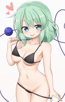 1girl absurdres alternate_costume areola_slip bare_shoulders bikini bikini_pull blue_eyes breasts cleavage clothes_pull collarbone cowboy_shot eyes_visible_through_hair green_hair groin heart heart_of_string highres komeiji_koishi looking_at_viewer medium_breasts medium_hair navel simple_background solo strap_pull suwa_yasai swimsuit third_eye tongue tongue_out touhou underboob white_background