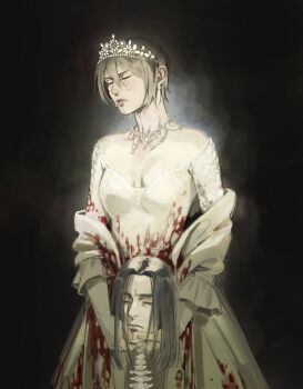 1boy 1girl absurdres black_background black_hair blood blood_on_clothes breasts cleavage closed_eyes cowboy_shot crying dress eren_yeager frilled_sleeves frills hair_between_eyes highres holding_detached_head jacket jewelry medium_breasts medium_hair mikasa_ackerman necklace off-shoulder_jacket off_shoulder parted_bangs parted_lips pearl_necklace shingeki_no_kyojin short_hair spinal_cord tears thisuserisalive tiara wedding_dress white_dress white_jacket