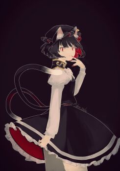 1girl alternate_color animal_ears artist_name black_background black_dress black_hair black_hat bow bowtie cat_ears cat_girl cat_tail chen colored_inner_hair commentary dress fingernails frilled_hat frills hat highres juliet_sleeves long_sleeves looking_at_viewer looking_to_the_side mob_cap multicolored_hair multiple_tails nail_polish petticoat puffy_sleeves red_eyes red_hair red_nails shee_take shirt short_hair simple_background solo tail touhou two-tone_hair two_tails white_shirt yellow_bow yellow_bowtie