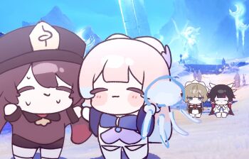 Rule 34 | 4girls, bead bracelet, beads, black hat, blue horns, blunt bangs, bow-shaped hair, bracelet, bubble, chinese clothes, choker, coattails, colored tips, columbina (genshin impact), commentary, flower, frilled sleeves, frills, genshin impact, ghost pose, gloves, gradient hair, half gloves, hat, highres, horns, hu tao (genshin impact), jewelry, lace-trimmed choker, lace trim, mikurumikurumi, multicolored hair, multiple girls, pink hair, porkpie hat, ring, sandrone (genshin impact), sangonomiya kokomi, shorts, symbol-only commentary, tailcoat, vision (genshin impact), white gloves, white shorts