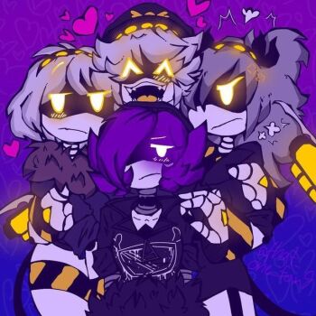 1boy 3girls ^_^ beanie_hat blush choker closed_eyes coat fangs glitch_productions glowing glowing_eyes hat hood hoodie j_(murder_drones) multiple_girls murder_drones n_(murder_drones) purple_eyes purple_hair robot size_difference size_difference tail twintails uzi_(murder_drones) v_(murder_drones)