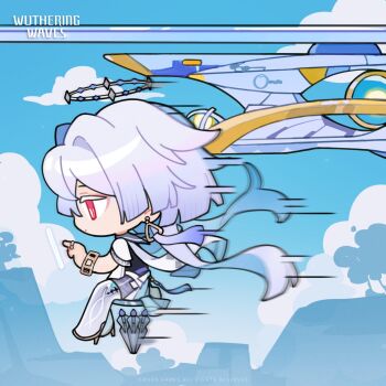 1girl aircraft airship blue_sky bright_pupils chibi chibi_only closed_mouth colored_eyelashes commentary day english_commentary english_text from_side grey_hair halo highres holographic_interface jacket long_hair mornye_(wuthering_waves) official_art outdoors profile red_eyes see-through_body sitting sky solo tacet_mark_(wuthering_waves) white_jacket white_pupils wuthering_waves