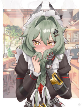 1girl blush border braid caesar_king_(zenless_zone_zero) cafe commentary_request embarrassed green_hair hair_between_eyes hair_intakes hair_ornament hairclip highres holding holding_own_hair juliet_sleeves long_sleeves looking_to_the_side low_twin_braids maid maid_headdress mechanical_arms nose_blush outside_border planterak_draws puffy_sleeves single_mechanical_arm solo twin_braids upper_body white_border yellow_eyes zenless_zone_zero