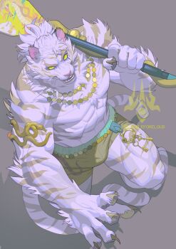 1boy abs animal_ears bara bare_pectorals barefoot biceps bulge claws commentary commission dislyte doodleforcloud english_commentary furry furry_male green_male_swimwear highres holding holding_oar jewelry jin_qiu_(ru_shou)_(wild_python)_(dislyte) looking_at_viewer looking_up male_focus male_swimwear muscular muscular_male necklace oar open_mouth over_shoulder pectorals ponytail smile swim_trunks tail tiger tiger_boy tiger_ears tiger_stripes tiger_tail topless_male weapon weapon_over_shoulder white_fur white_tiger