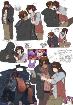 1boy 1girl absurdres aiming bandaid black_coat blue_shirt brown_hair brown_pants clenched_teeth coat colored_skin dark-skinned_male dark_skin english_text freckles full_body gun hat height_difference highres holding holding_gun holding_weapon humanization jax_(the_amazing_digital_circus) jester_cap jester_costume kiss looking_at_another looking_to_the_side multiple_views name_tag netoii pants pomni_(the_amazing_digital_circus) purple_skin red_shirt red_vest shirt shirt_partially_tucked_in short_hair speech_bubble standing sweatdrop teeth the_amazing_digital_circus thought_bubble upper_body vest weapon white_skin