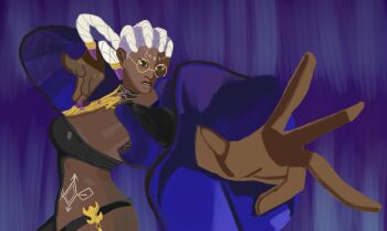 Rule 34 | 1girl, ass, bodypaint, braid, breasts, dark-skinned female, dark skin, dolores (kof), dress, female focus, glasses, gold, green eyes, hereticmagicman, huge breasts, large breasts, long hair, multicolored hair, panties, purple hair, round eyewear, the king of fighters, thick thighs, thighs, two-tone hair, underwear, white hair