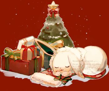 Rule 34 | alternate color, box, christmas, christmas ornaments, christmas present, christmas stocking, christmas tree, closed eyes, closed mouth, eevee, gen 1 pokemon, gift, gift box, highres, nintendo, no humans, pokemon, pokemon (creature), pokemon focus, red background, shiny pokemon, sleeping, smile, su (sajo su5), tail