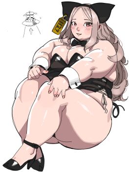 1girl animal_ear_hairband animal_ears ankle_strap black_bow black_bowtie black_hairband black_leotard black_shoes blush bow bowtie breasts breasts_squeezed_together brown_hair cleavage detached_collar dog ear_tag earrings fake_animal_ears fat fat_woman hairband hands_on_own_knees high_heels highres jewelry knees_up leotard lips long_hair medium_breasts necklace nose original pig_ears pig_tail pink_eyes playboy_bunny shoes sitting smile solo tail thick_arms thick_thighs thighs ufo utoka wavy_hair white_background wrist_cuffs