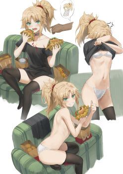 1girl 1other anger_vein bag black_shirt black_thighhighs blonde_hair bra breasts burger commentary_request fang fate/apocrypha fate_(series) food french_fries green_eyes grin highres holding holding_burger holding_food logo_parody mordred_(fate) multiple_views navel off-shoulder_shirt off_shoulder open_mouth panties paper_bag ponytail shirt short_hair sitting small_breasts smile stomach thighhighs tonee topless_female underwear undressing white_background white_bra white_panties