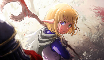 2boys :o ainz_ooal_gown black_helmet blonde_hair blood bloody_weapon blue_eyes blue_shirt bob_cut cape crossdressing crossdressing_(mtf) dark-skinned_male dark_elf dark_skin elf fantasy gloves green_cape green_eyes helmet heterochromia highres holding holding_staff leather_shirt light_blush male_focus mare_bello_fiore momon_(overlord) multiple_boys ninjin_ika open_mouth overlord_(maruyama) pointy_ears red_cape scale_print shirt short_cape staff trap vest weapon white_gloves white_vest wooden_staff