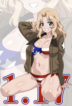 1girl american_flag american_flag_bikini american_flag_print arm_up bikini blonde_hair blue_eyes breasts brown_jacket cleavage collarbone commentary_request flag_print flag_print_bikini full_body girls_und_panzer grin highres jacket kay_(girls_und_panzer) large_breasts long_hair looking_at_viewer nao_(nao_puku777) navel open_clothes open_jacket print_bikini smile solo stomach swimsuit zoom_layer