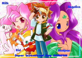 Rule 34 | 1boy, 2girls, angelica (hatsumei boy kanipan), arm up, blue eyes, blue pants, brown eyes, brown gloves, brown hair, character name, chou hatsumei boy kanipan, closed mouth, commentary request, copyright name, dated, dress, elbow gloves, facial mark, fingerless gloves, forehead mark, gloves, green eyes, green vest, hair intakes, hand on own hip, hand up, hands up, hatsumei boy kanipan, headset, holding, holding microphone, kanipan (hatsumei boy kanipan), kid (hatsumei boy kanipan), long hair, looking at viewer, microphone, milk (hatsumei boy kanipan), multiple girls, non-humanoid robot, open clothes, open mouth, open vest, orange dress, pants, parted lips, pink eyes, pink hair, purple hair, robot, shirt, short hair, smile, standing, vest, white gloves, white shirt, yamamoto takeo